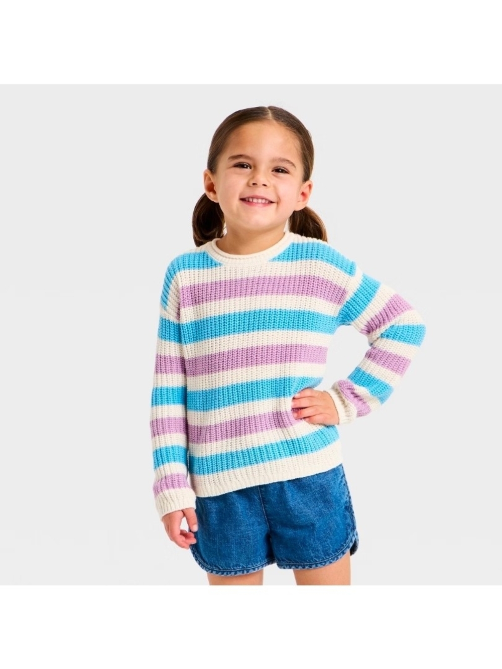 Cat & Jack - White Cream, Blue & Lavender Striped Knit Relaxed Fit Sweater